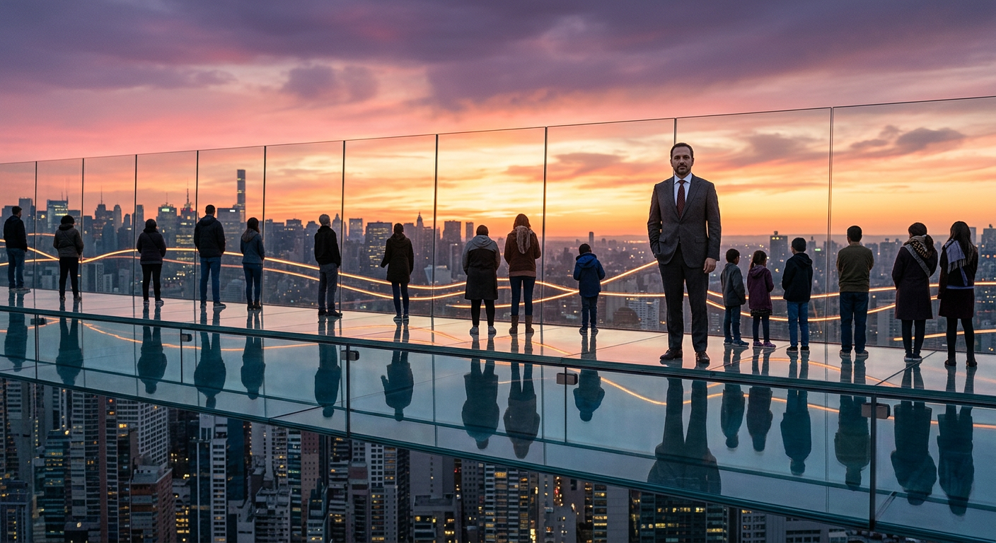 Uomo in abito su terrazza panoramica di vetro al tramonto, circondato da persone collegate da linee luminose dorate con skyline urbano sullo sfondo